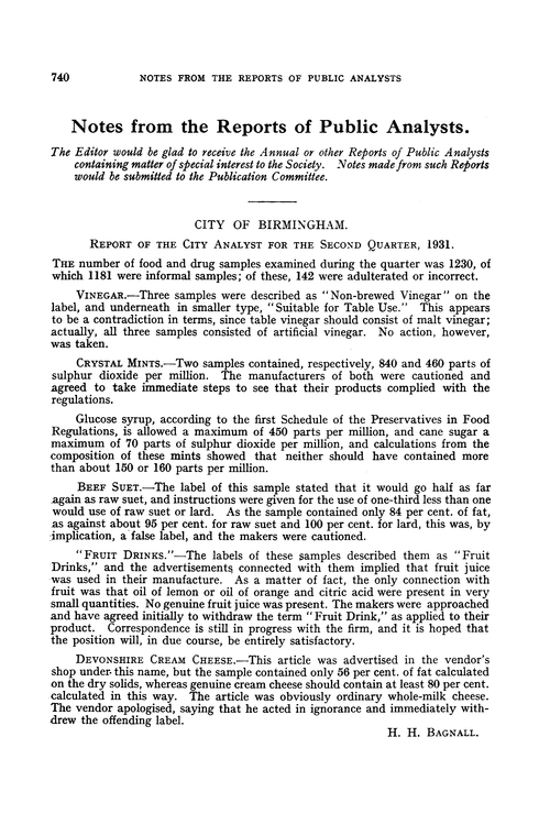 Notes from the Reports of Public Analysts