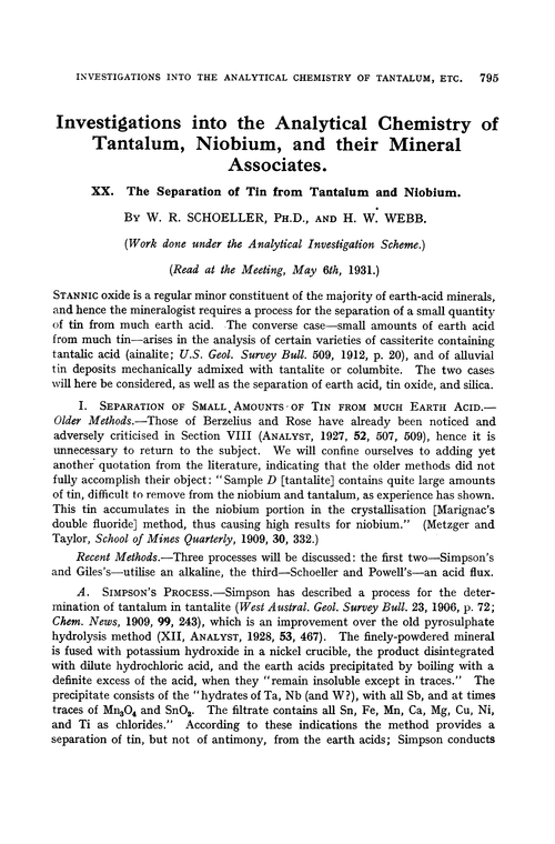 Investigations into the analytical chemistry of tantalum, niobium, and their mineral associates. XX. The separation of tin from tantalum and niobium