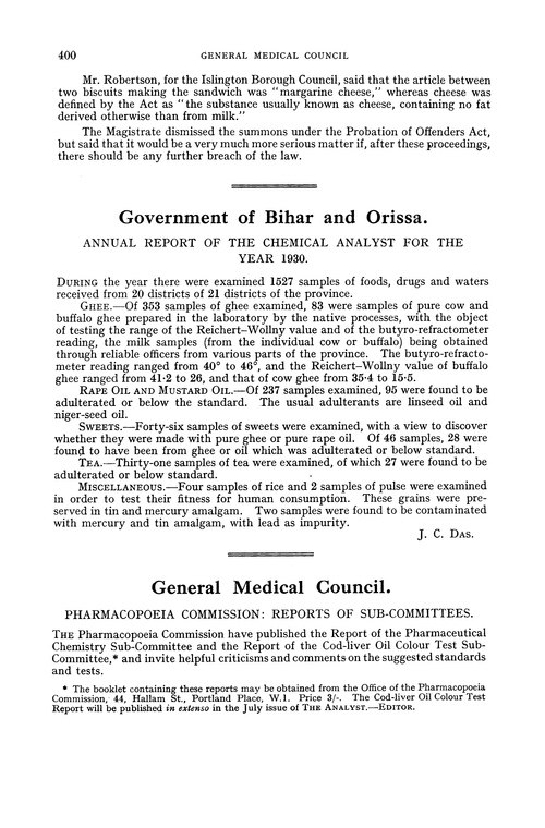 Government of Bihar and Orissa. Annual Report of the Chemical Analyst for the year 1930