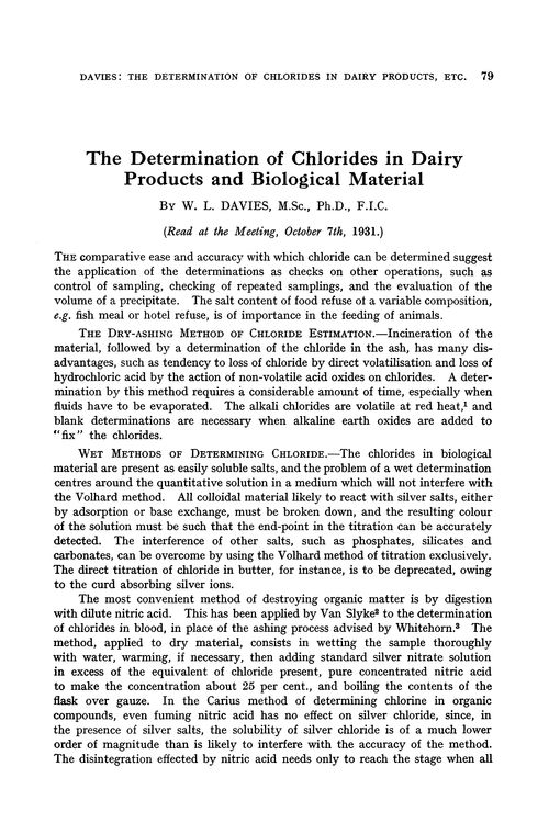 The determination of chlorides in dairy products and biological material