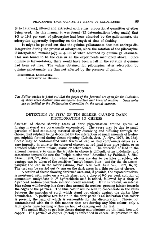 Notes. Detection in situ of tin solder causing dark discoloration in cheese