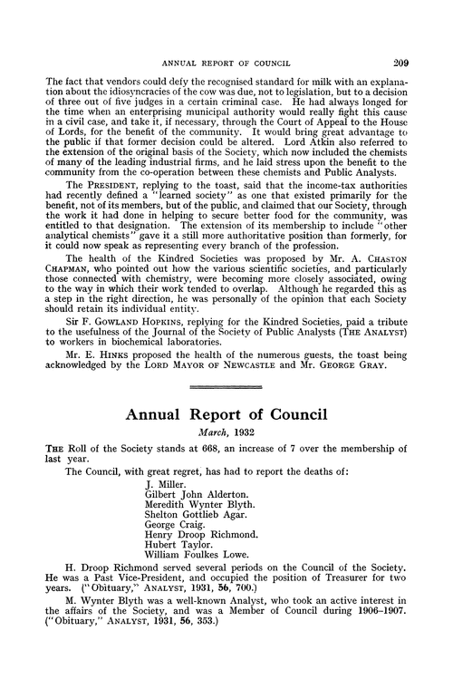 Annual Report of Council. March, 1932