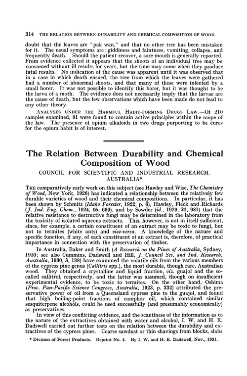 The relation between durability and chemical composition of wood. Council for Scientific and Industrial Research, Australia