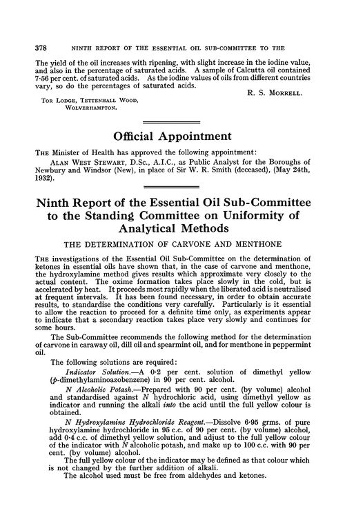 Ninth Report of the Essential Oil Sub-Committee to the Standing Committee on Uniformity of Analytical Methods. The determination of carvone and menthone