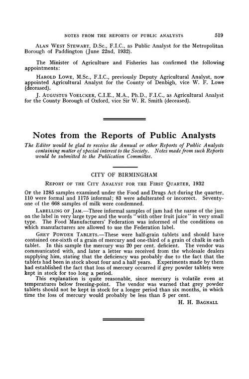 Notes from the Reports of Public Analysts