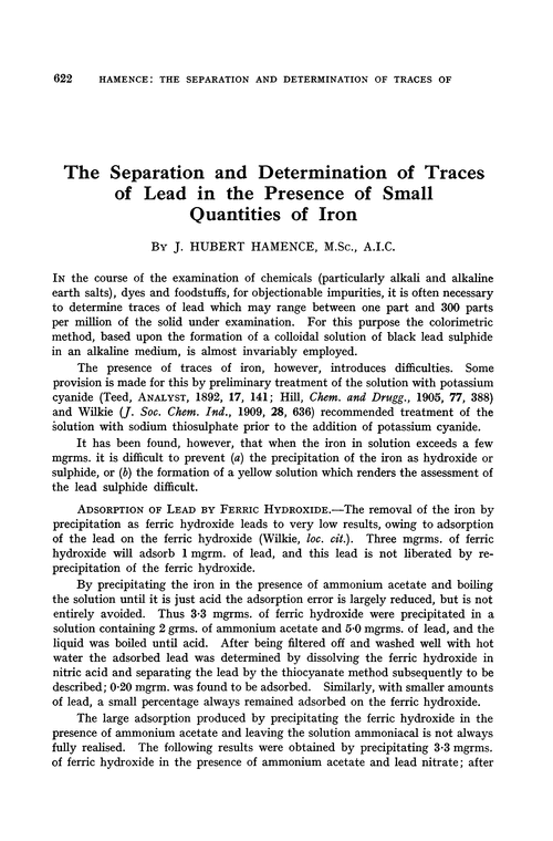 The separation and determination of traces of lead in the presence of small quantities of iron