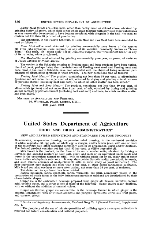 United States Department of Agriculture. Food and drug administration. New and revised definitions and standards for food products
