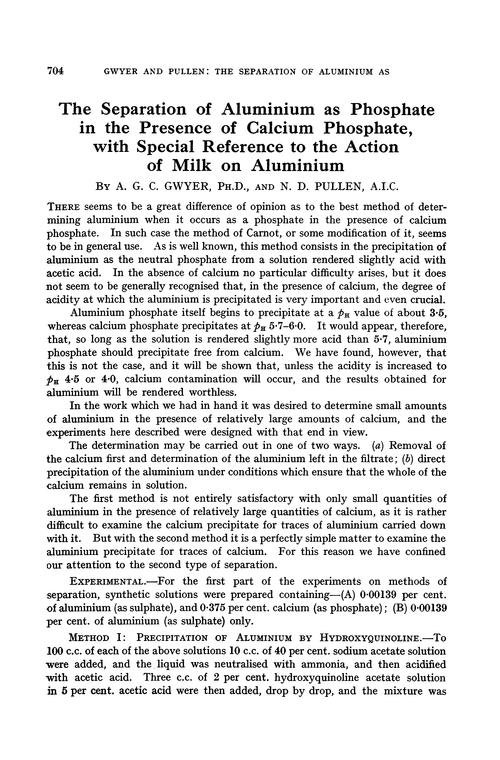 The separation of aluminium as phosphate in the presence of calcium phosphate, with special reference to the action of milk on aluminium