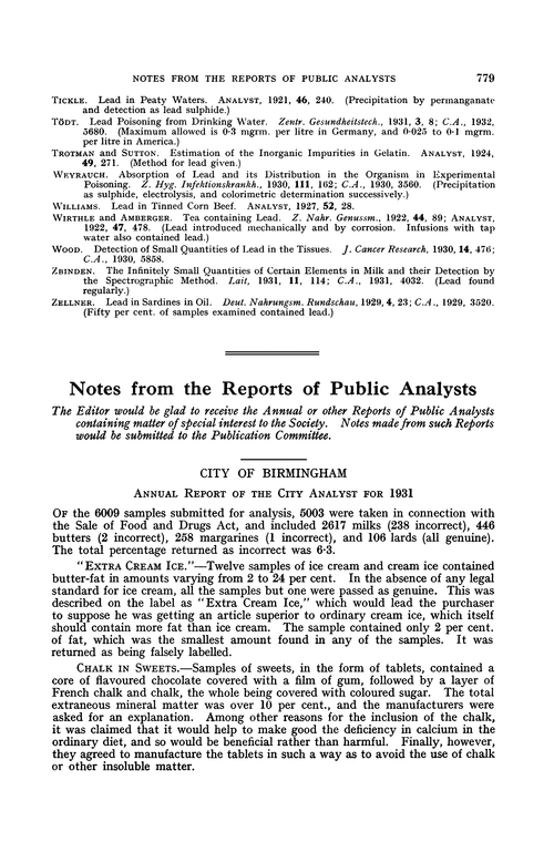 Notes from the Reports of Public Analysts