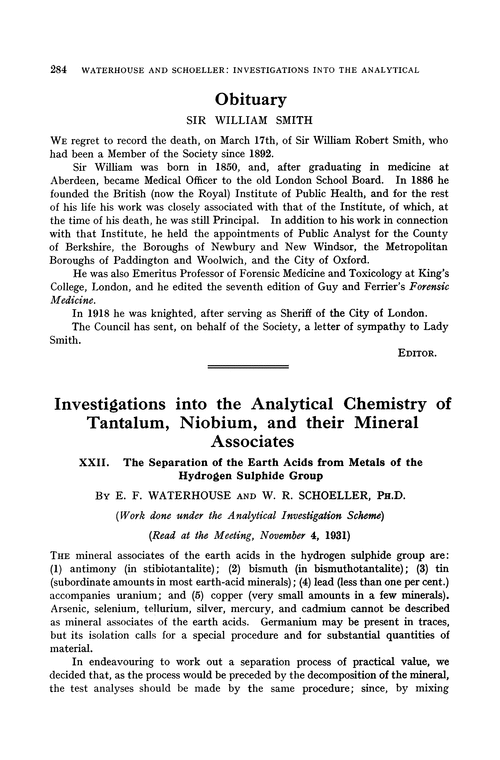 Investigations into the analytical chemistry of tantalum, niobium, and their mineral associates. XXII. The separation of the earth acids from metals of the hydrogen sulphide group