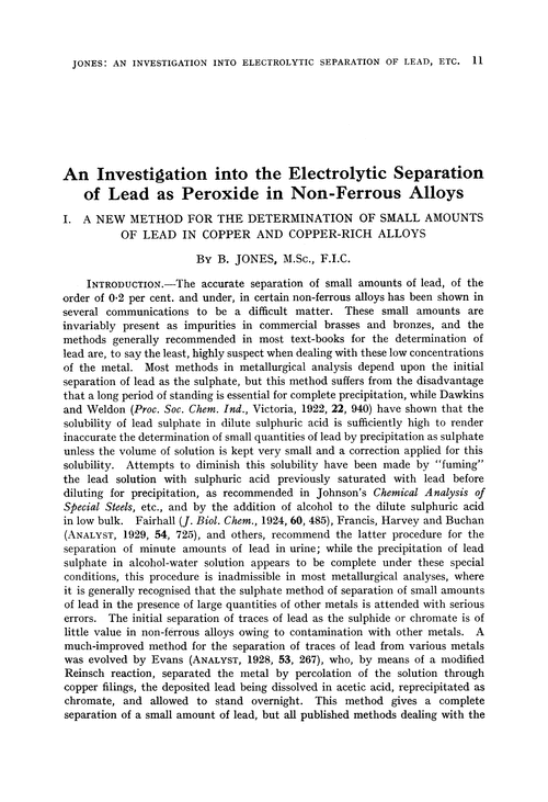 An investigation into the electrolytic separation of lead as peroxide in non-ferrous alloys. I. A new method for the determination of small amounts of lead in copper and copper-rich alloys