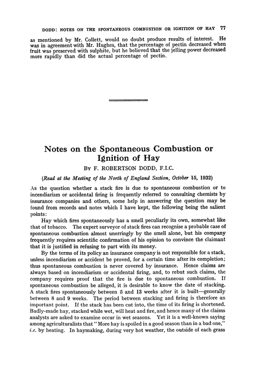 Notes on the spontaneous combustion or ignition of hay