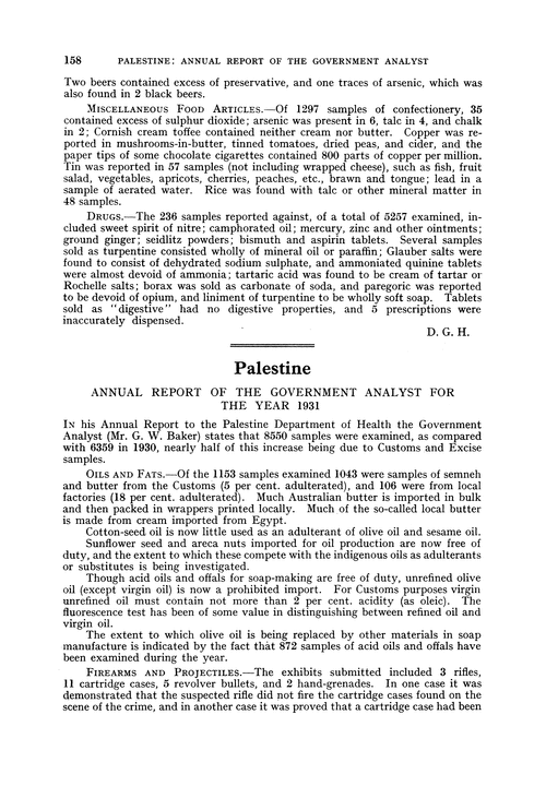 Palestine. Annual Report of the Government Analyst for the year 1931