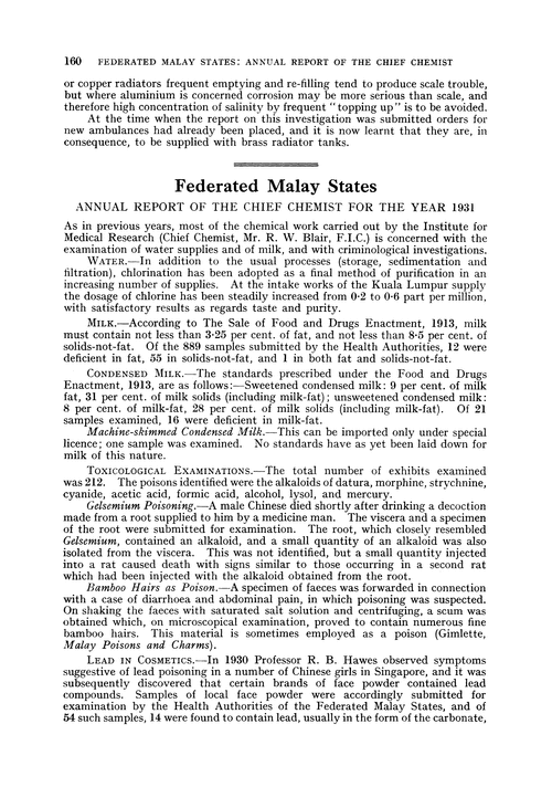 Federated Malay States. Annual Report of the Chief Chemist for the year 1931