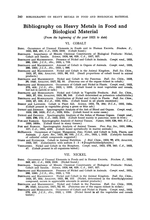 Bibliography on heavy metals in food and biological material