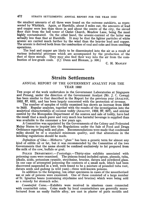 Straits settlements. Annual Report of the Government Analyst for the year 1932