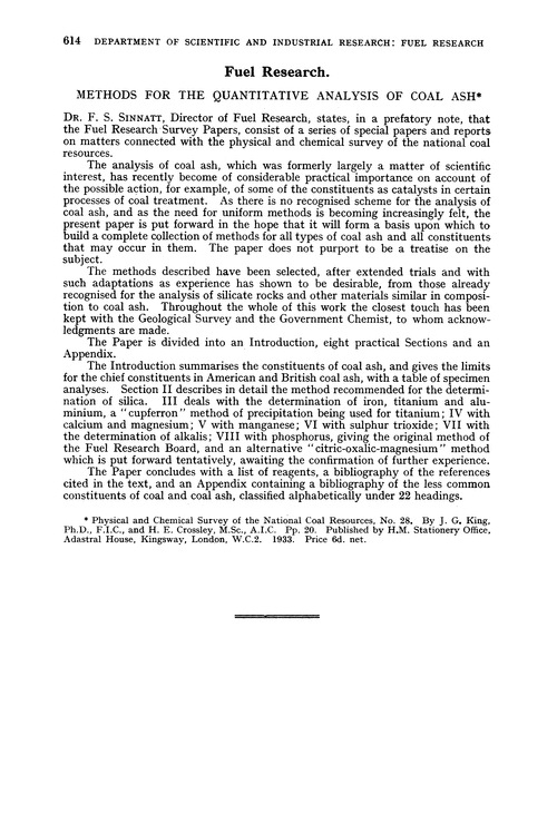 Fuel Research. Methods for the quantitative analysis of coal ash