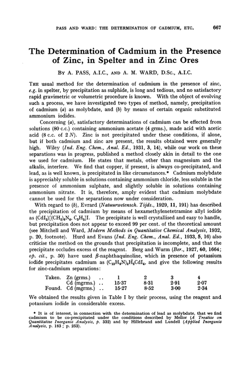 The determination of cadmium in the presence of zinc, in spelter and in zinc ores