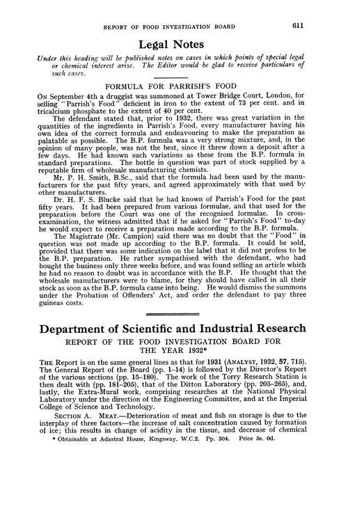 Department of Scientific and Industrial Research. Report of the Food Investigation Board for the year 1932
