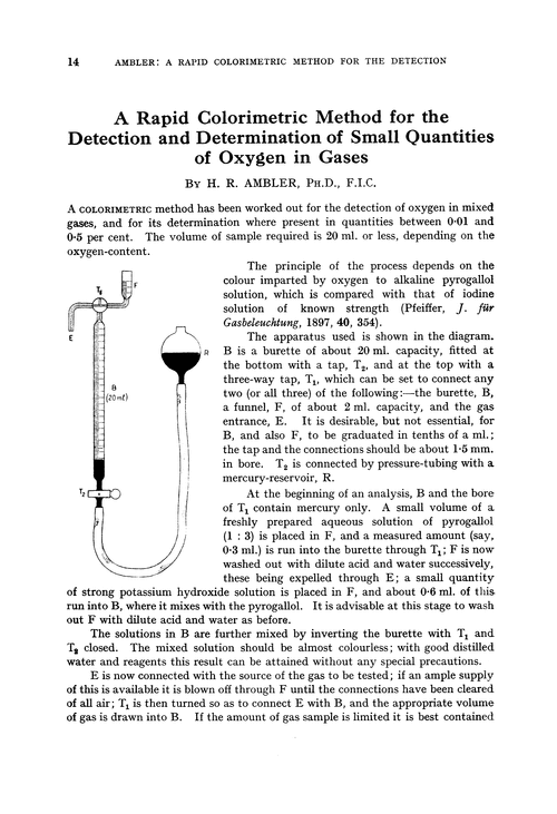 A rapid colorimetric method for the detection and determination of small quantities of oxygen in gases