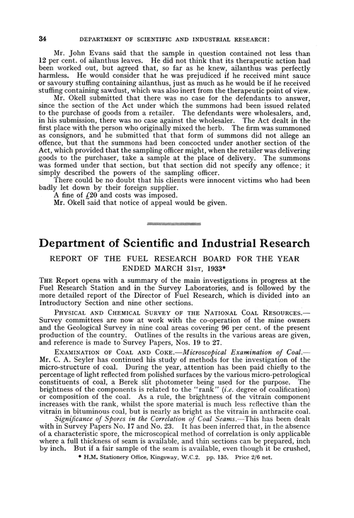 Department of Scientific and Industrial Research. Report of the Fuel Research Board for the year ended March 31st, 1933
