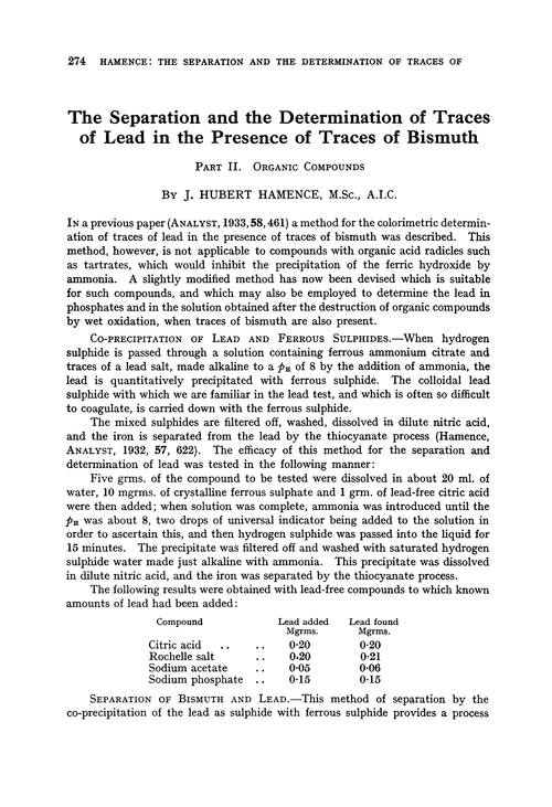 The separation and the determination of traces of lead in the presence of traces of bismuth. Part II. Organic compounds