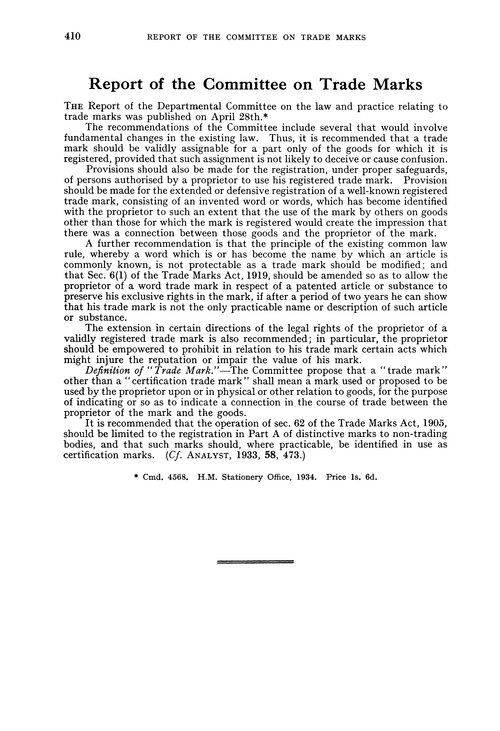 Report of the Committee on Trade Marks