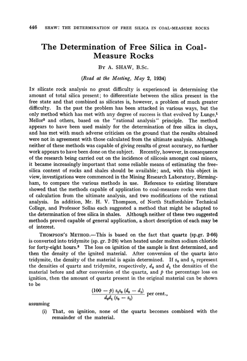 The determination of free silica in coal-measure rocks
