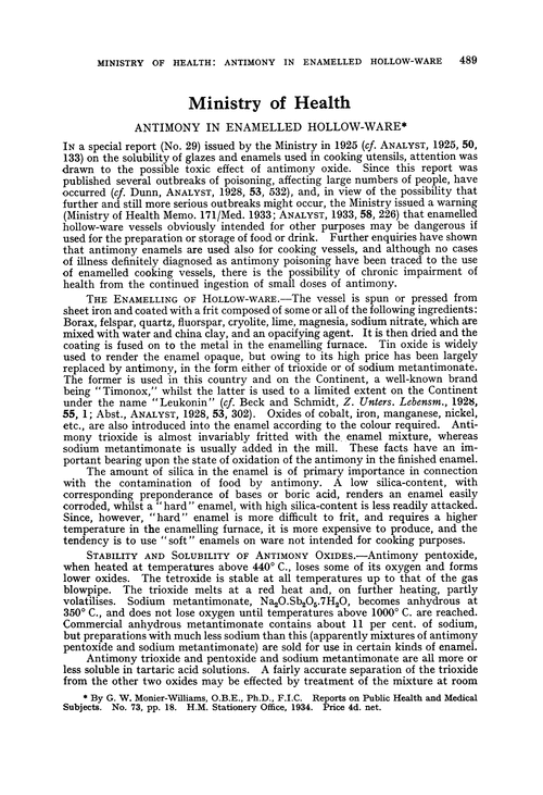 Ministry of Health. Antimony in enamelled hollow-ware