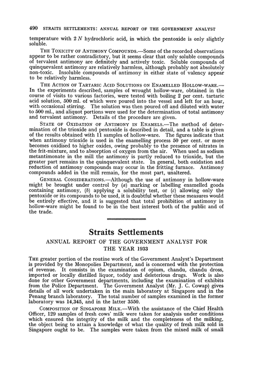 Straits settlements. Annual Report of the Government Analyst for the year 1933