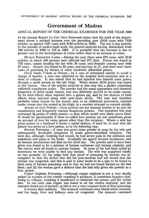 Government of Madras. Annual Report of the Chemical Examiner for the year 1933
