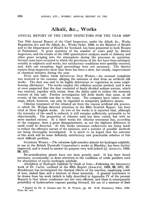 Alkali, &c., works. Annual Report of the Chief Inspectors for the year 1933