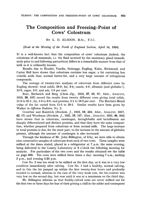 The composition and freezing-point of cows' colostrum