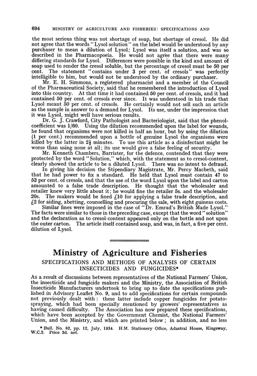 Ministry of Agriculture and Fisheries. Specifications and methods of analysis of certain insecticides and fungicides