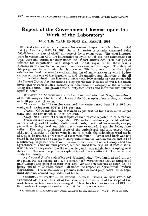 Report of the Government Chemist upon the work of the Laboratory. For the year ending 31st March, 1934
