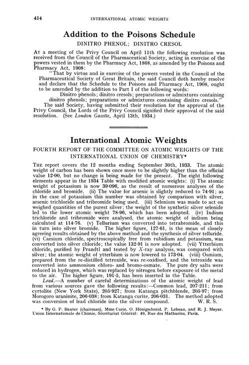 International atomic weights. Fourth Report of the Committee on Atomic Weights of the International Union of Chemistry