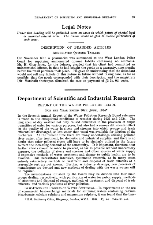 Department of Scientific and Industrial Research. Report of the Water Pollution Board for the year ended 30th June, 1934