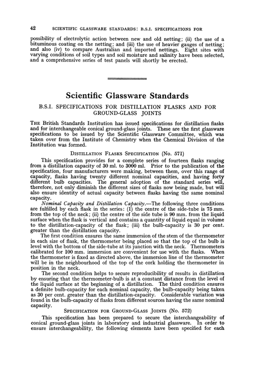Scientific Glassware Standards. B.S.I. specifications for distillation flasks and for ground-glass joints