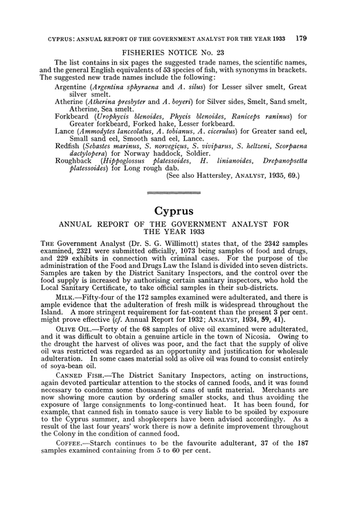 Cyprus. Annual Report of the Government Analyst for the year 1933 Analyst (RSC Publishing)