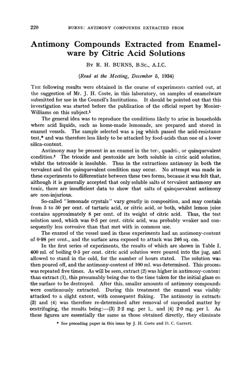 Antimony compounds extracted from enamel-ware by citric acid solutions