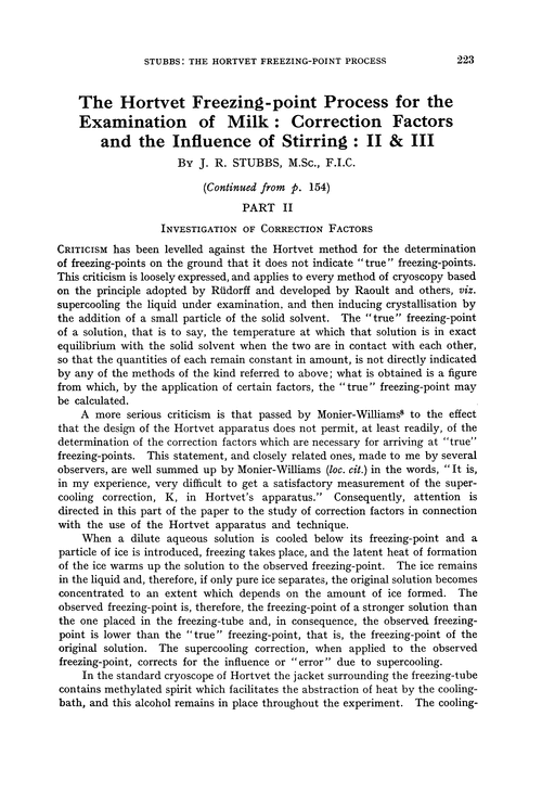 The Hortvet freezing-point process for the examination of milk: correction factors and the influence of stirring: II & III