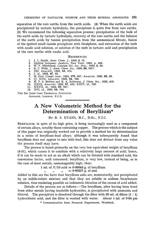 A new volumetric method for the determination of beryllium