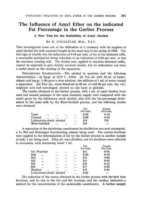 The influence of amyl ether on the indicated fat percentage in the Gerber process. A new test for the suitability of amyl alcohol