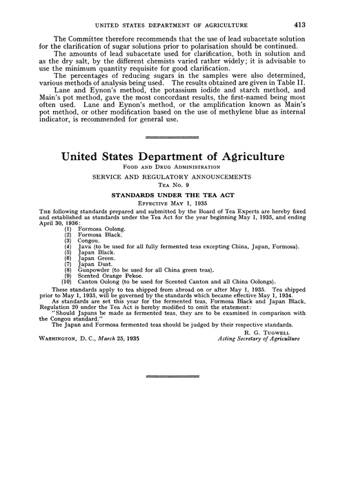 United States Department of Agriculture. Food and Drug Administration. Service and regulatory announcements. Tea No. 9. Standards under the Tea Act. Effective May 1, 1935