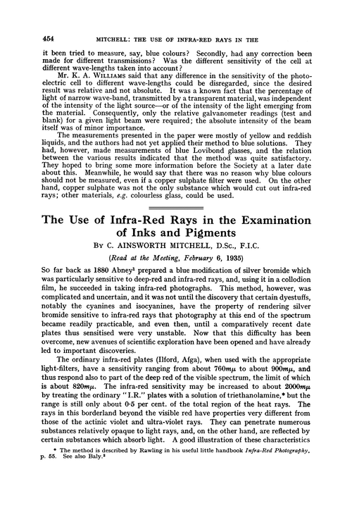 The use of infra-red rays in the examination of inks and pigments
