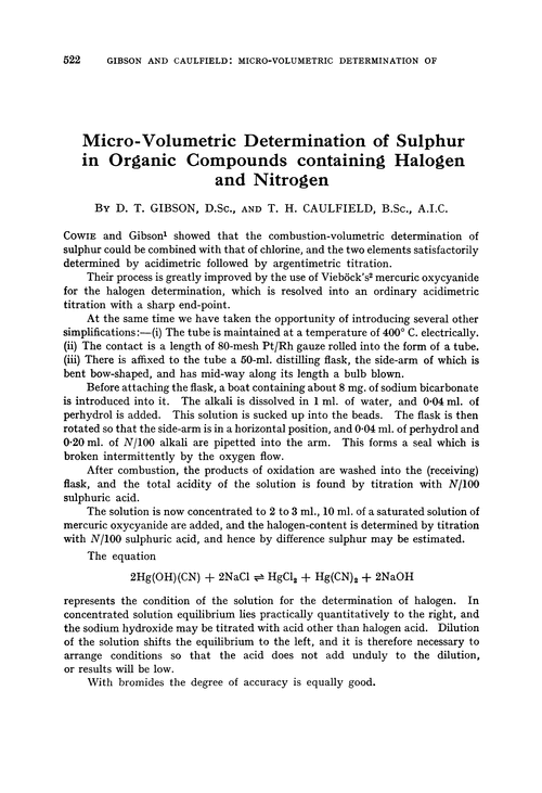 Micro-volumetric determination of sulphur in organic compounds containing halogen and nitrogen