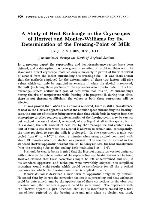 A study of heat exchange in the cryoscopes of Hortvet and Monier-Williams for the determination of the freezing-point of milk