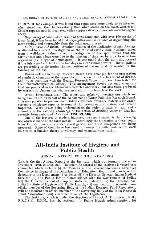 All-India Institute of Hygiene and Public Health. Annual Report for the year 1934
