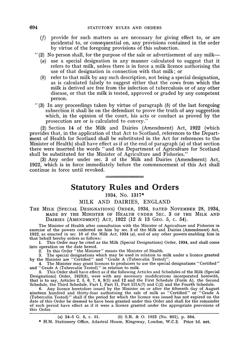 Statutory rules and orders. 1934, No. 1317. Milk and Dairies, England