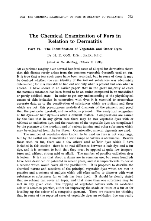The chemical examination of furs in relation to dermatitis. Part VI. The identification of vegetable and other dyes